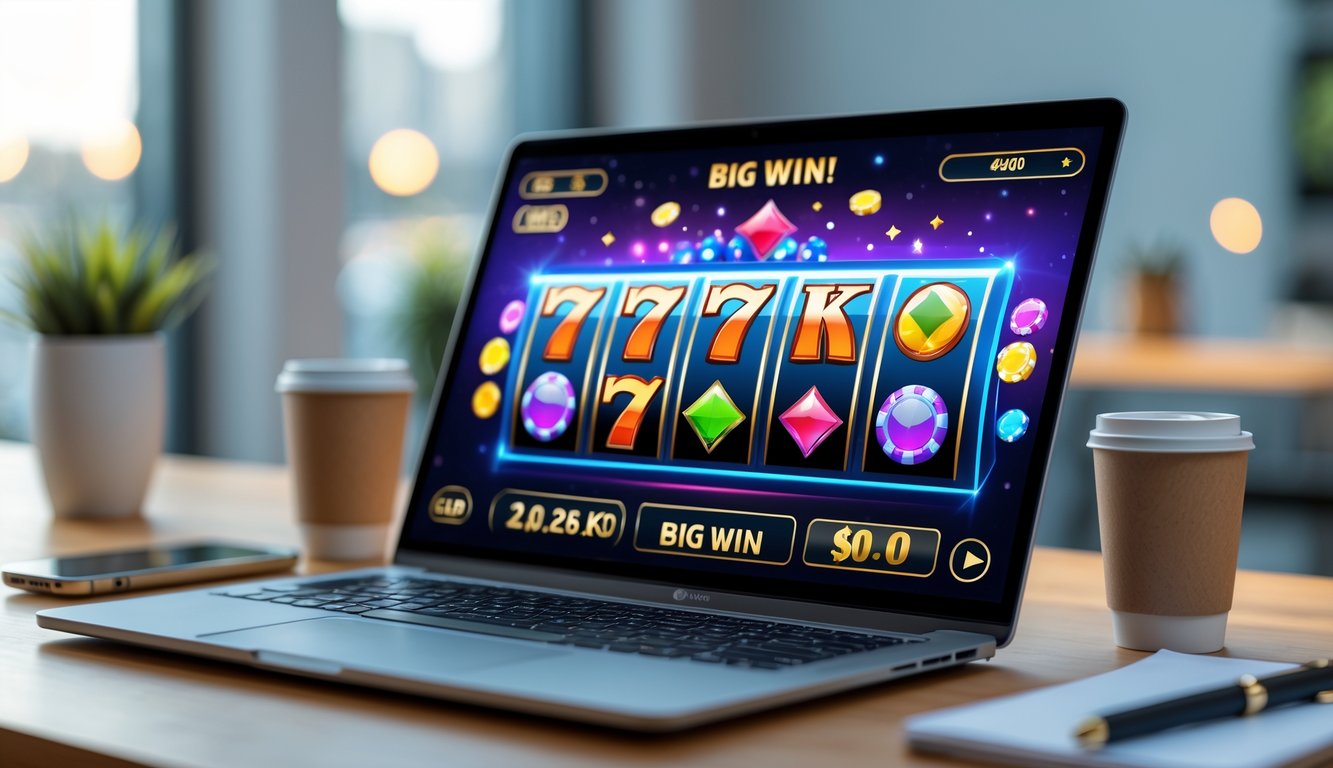Seorang pengguna laptop dengan tampilan permainan slot online yang menampilkan simbol warna-warni dan indikator jackpot besar di meja kerja yang rapi.