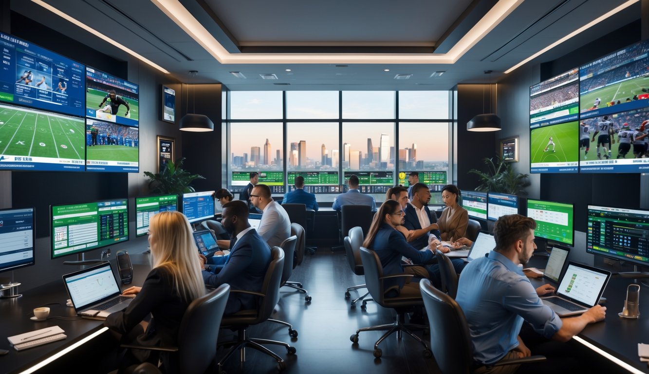 Orang-orang sedang menggunakan perangkat elektronik untuk memasang taruhan olahraga di ruangan modern dengan layar besar menampilkan berbagai pertandingan olahraga.