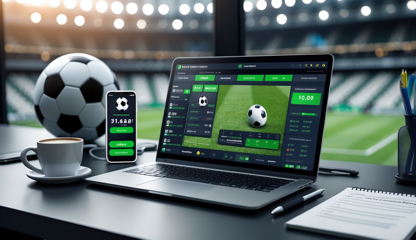 Seorang pria menggunakan laptop di meja kerja yang menampilkan antarmuka taruhan sepak bola online dengan latar belakang bola sepak dan lampu stadion.