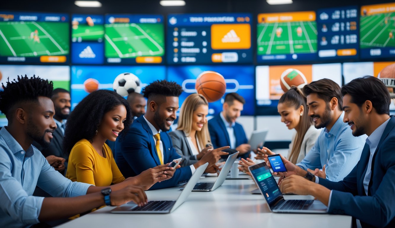 Orang-orang menggunakan perangkat digital untuk bertaruh pada berbagai pertandingan olahraga di sebuah ruangan modern dengan layar besar menampilkan pertandingan olahraga.