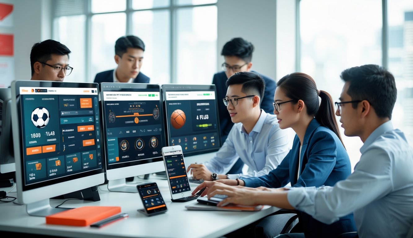 Sekelompok orang Indonesia sedang bekerja di depan komputer dengan data dan statistik olahraga di layar.