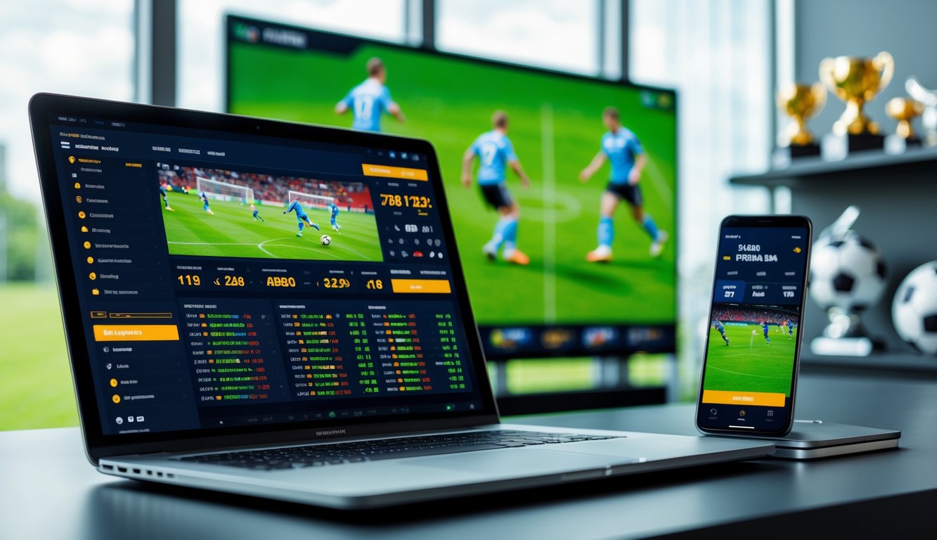 Seorang pria menggunakan laptop dan ponsel untuk memasang taruhan pada pertandingan sepak bola yang sedang berlangsung di layar besar di ruangan modern.