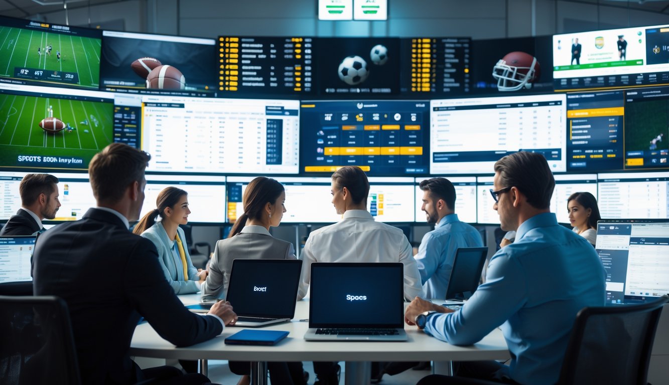 Orang-orang profesional sedang bekerja dengan komputer dan layar menampilkan berbagai pertandingan olahraga di kantor modern.