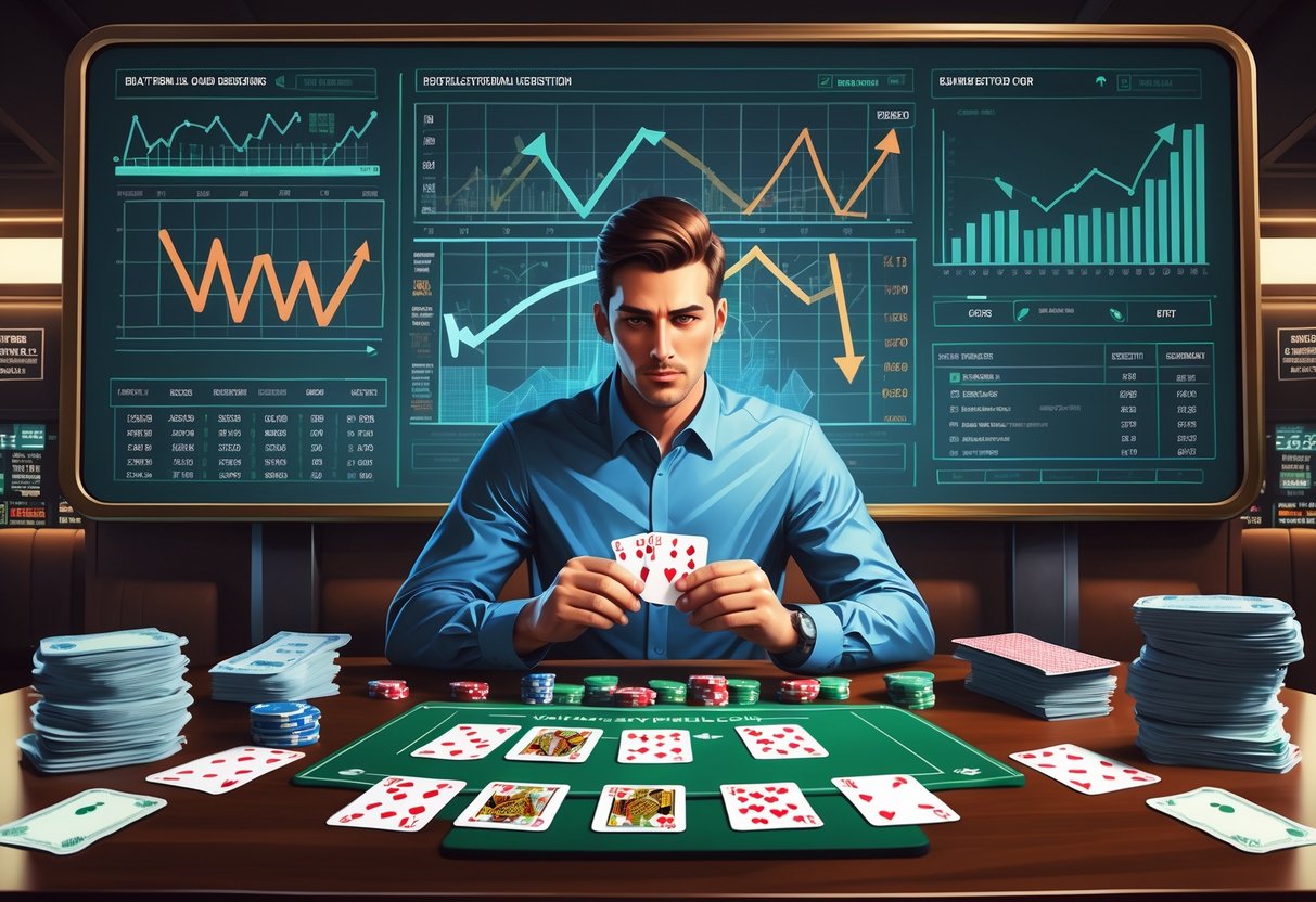 Seorang petaruh duduk di meja dengan kartu sepak bola, chip poker, dan tumpukan uang, sambil menganalisis strategi dengan papan grafik di belakangnya.