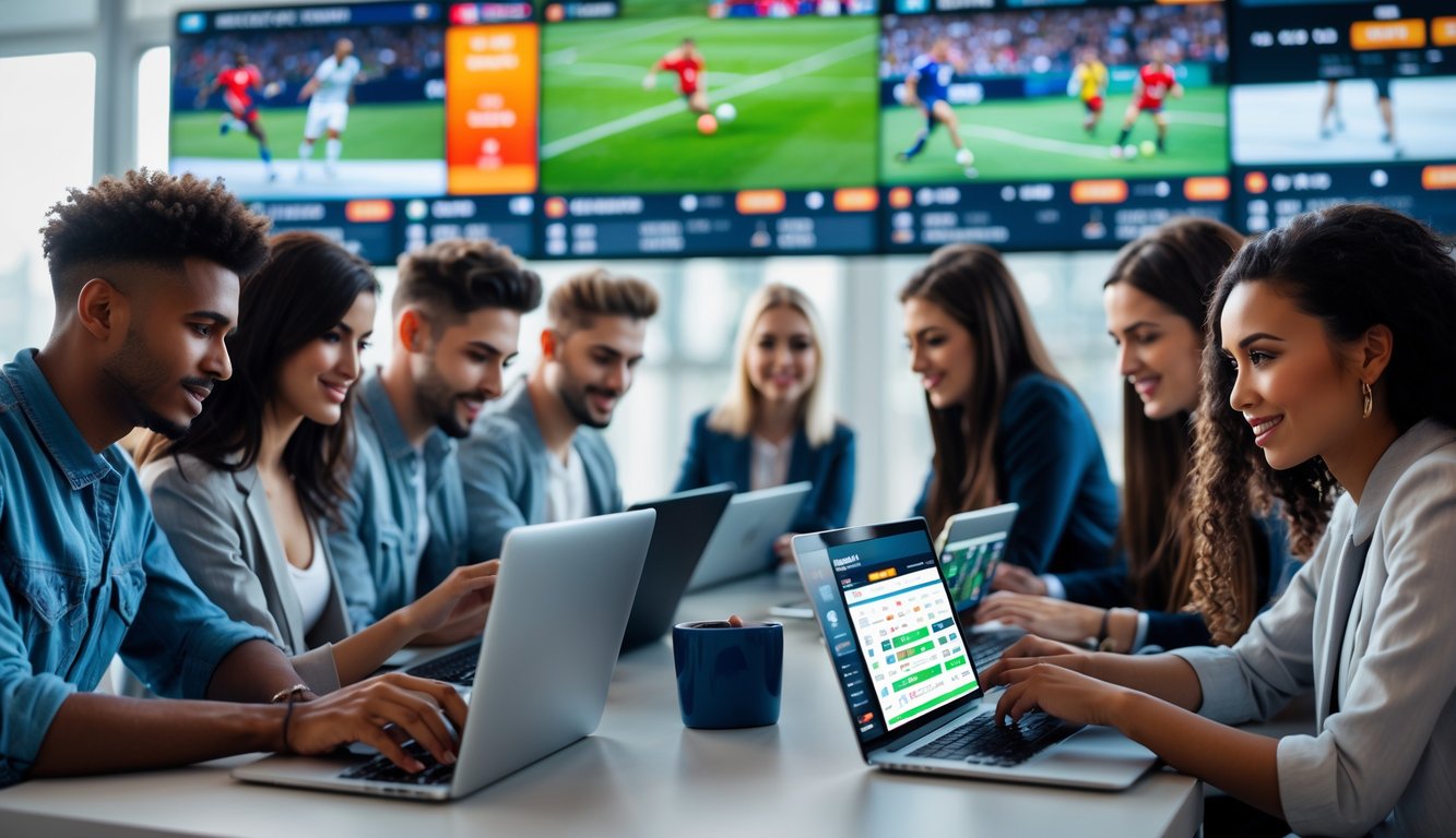 Sekelompok orang muda menggunakan perangkat digital untuk memasang taruhan olahraga di lingkungan modern dengan layar besar yang menampilkan pertandingan olahraga.