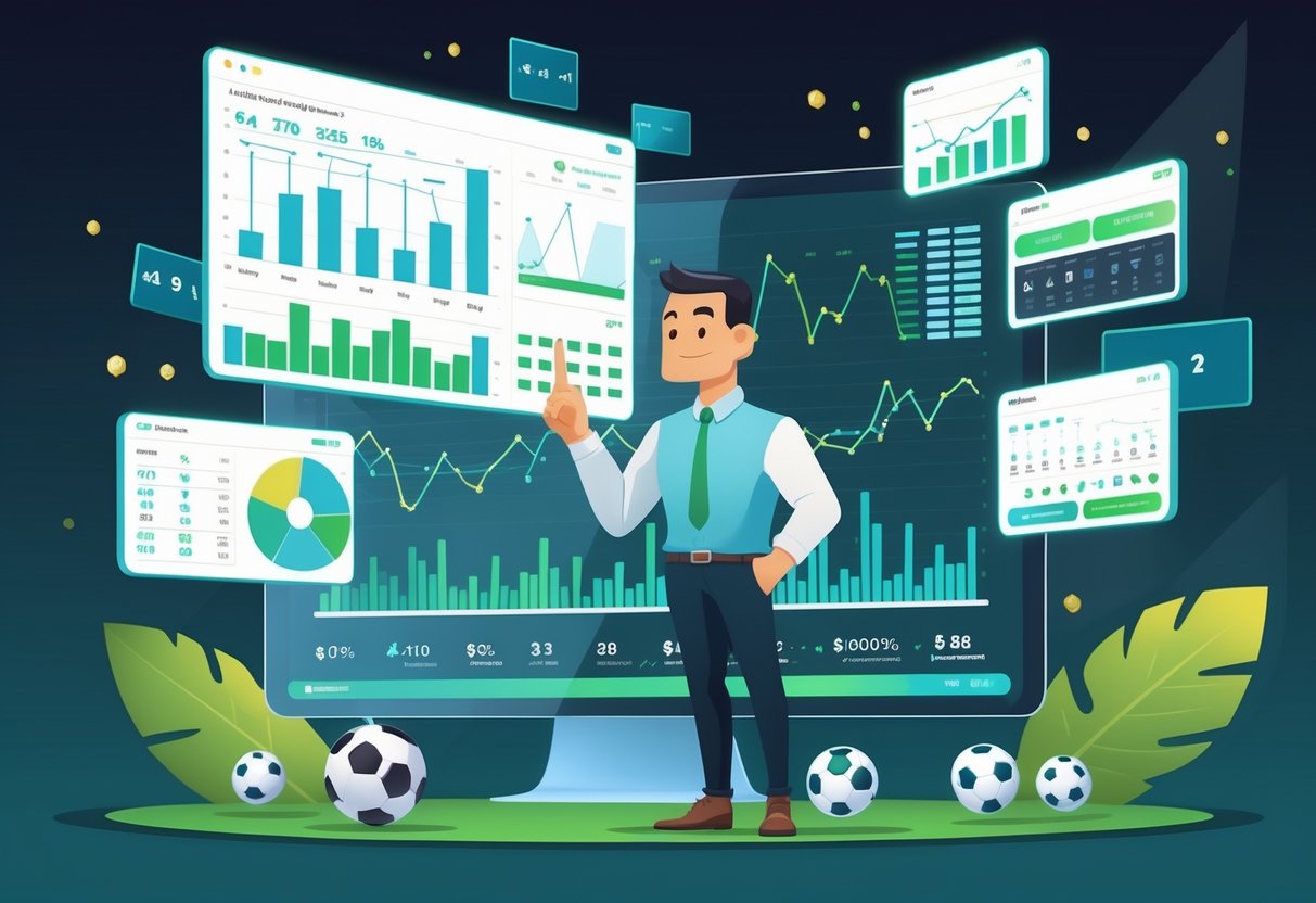 Seorang penjudi sedang menganalisis data dan grafik statistik di depan beberapa layar digital dengan latar belakang stadion dan elemen sepak bola serta kartu bermain.