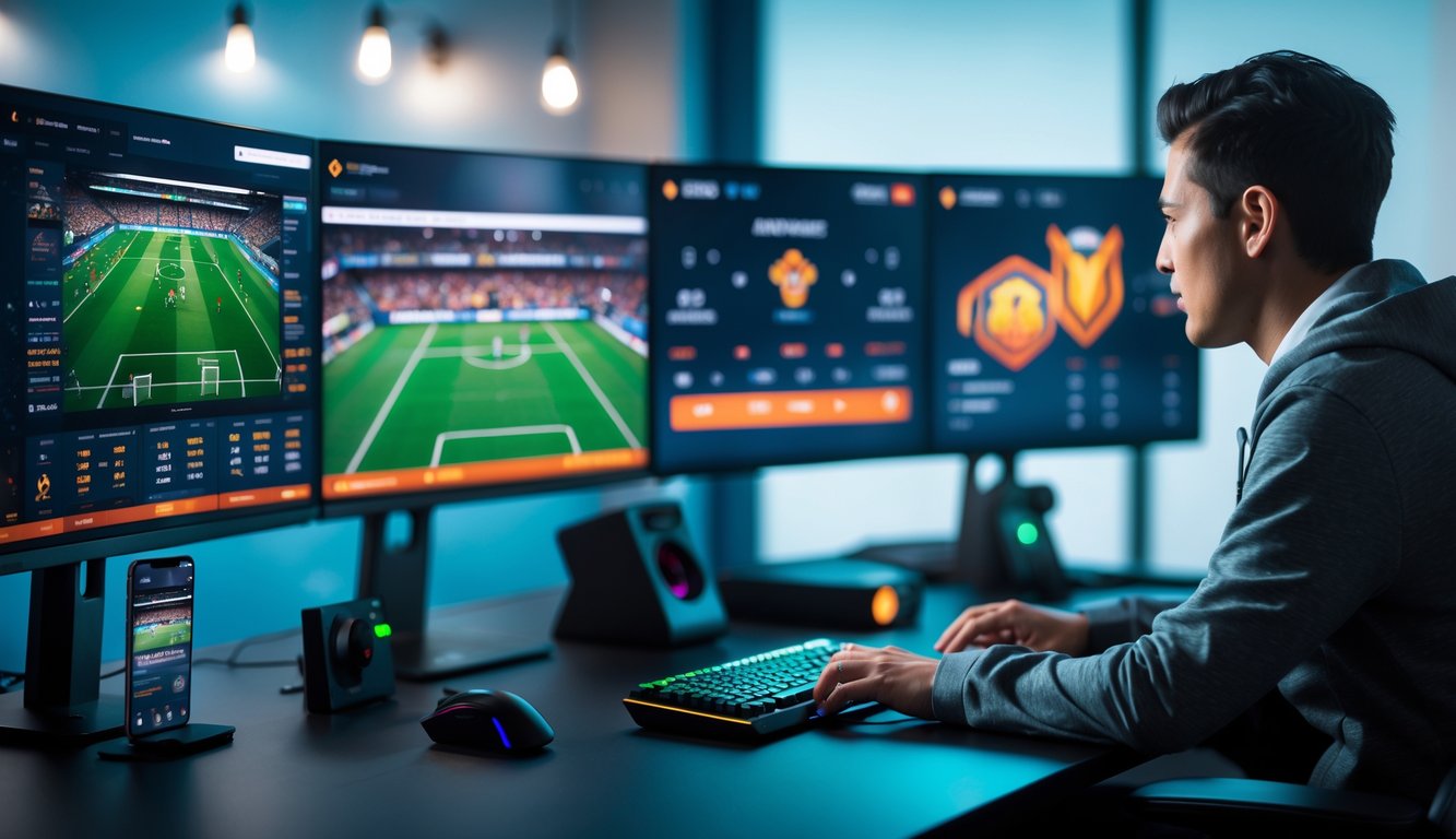 Seseorang duduk di depan beberapa layar komputer yang menampilkan pertandingan sepak bola dan permainan esports, dengan suasana kerja modern dan peralatan teknologi.