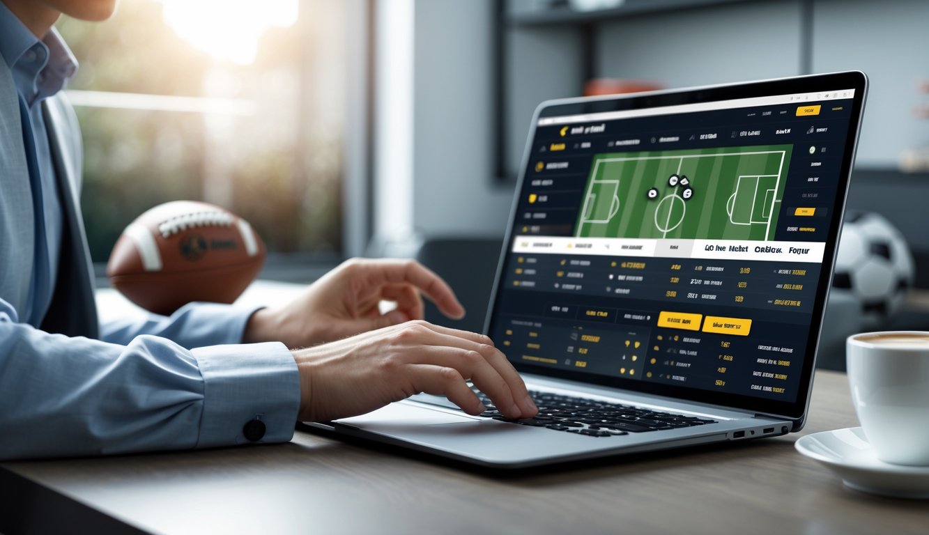 Seseorang menggunakan laptop di meja kerja dengan latar belakang bola sepak dan suasana yang nyaman.