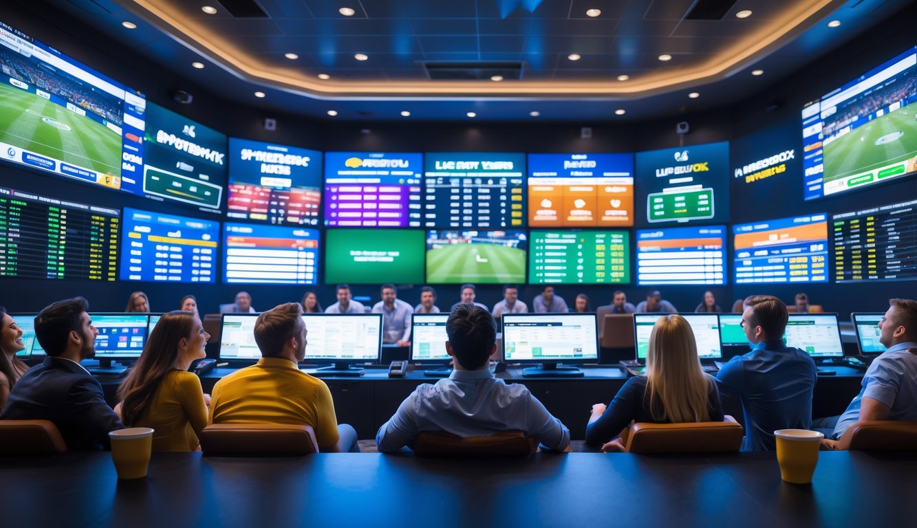 Orang-orang yang antusias menonton pertandingan olahraga dan memasang taruhan di sebuah ruang sportsbook modern.