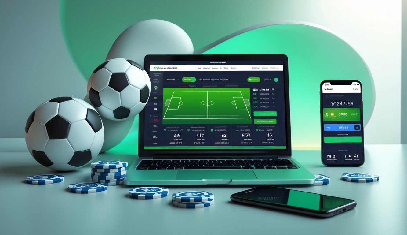 Suasana kerja modern dengan laptop yang menampilkan antarmuka taruhan sepak bola, bola sepak, chip taruhan, dan ponsel di atas meja.