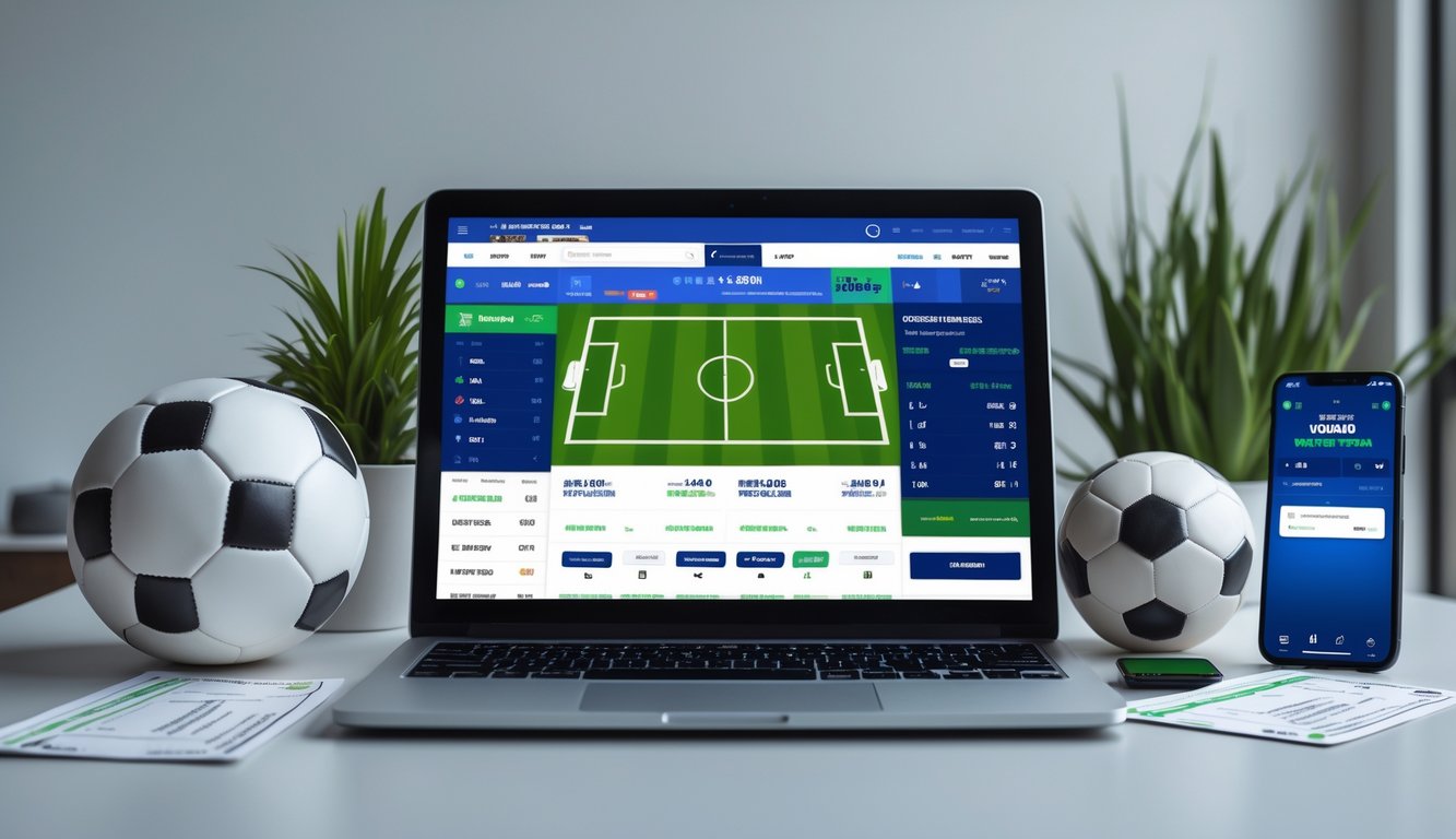 Seorang pria menggunakan laptop di meja kerja dengan bola sepak di sampingnya, menampilkan suasana taruhan bola online resmi.