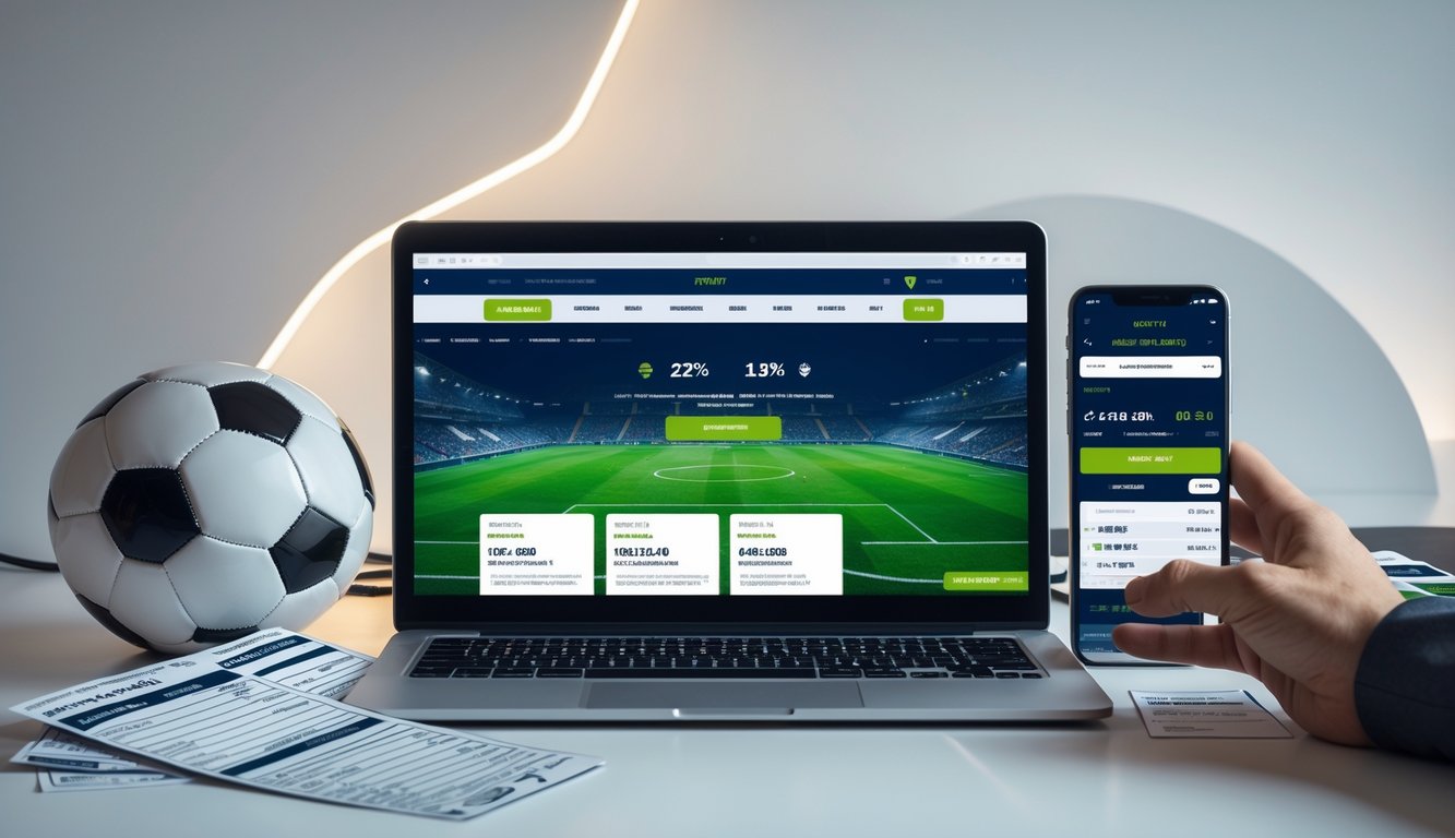 Seorang pengguna berinteraksi dengan laptop dan ponsel yang menampilkan informasi terkait taruhan sepak bola, dengan bola sepak di meja.