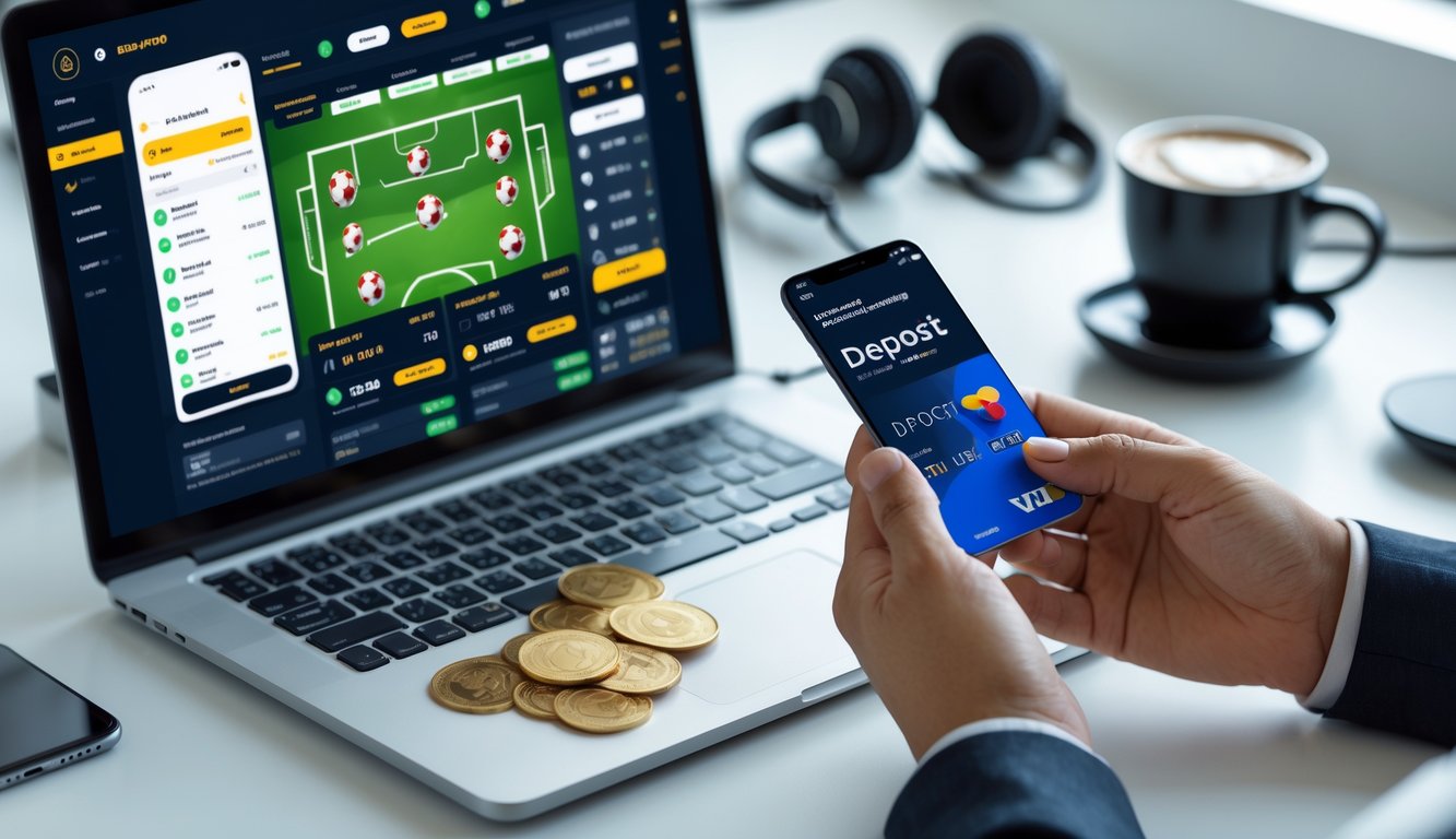 Seseorang menggunakan ponsel untuk melakukan deposit pulsa pada aplikasi taruhan bola online di meja kerja dengan laptop dan kopi.