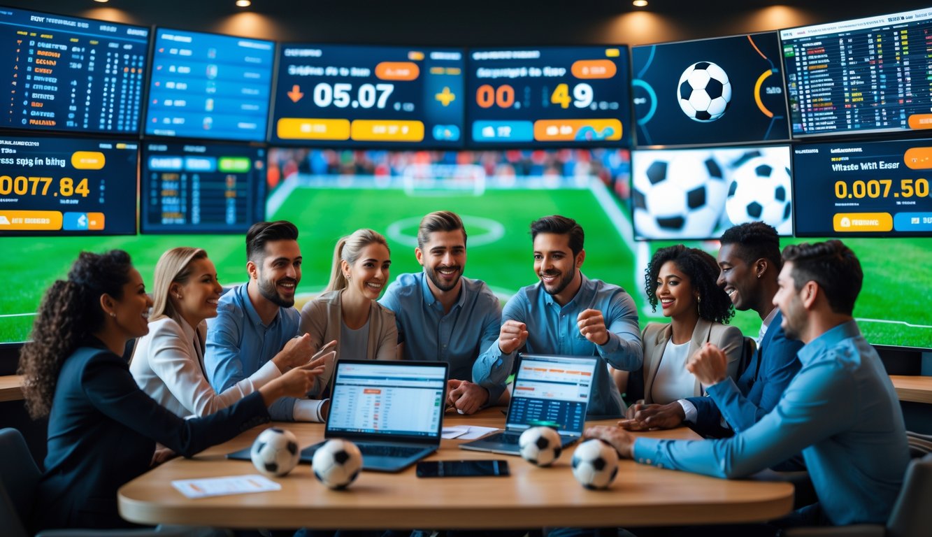 Sekelompok orang sedang berkumpul di sekitar layar digital yang menampilkan statistik dan peluang pertandingan sepak bola, terlihat antusias dan berdiskusi dalam suasana taruhan sepak bola.