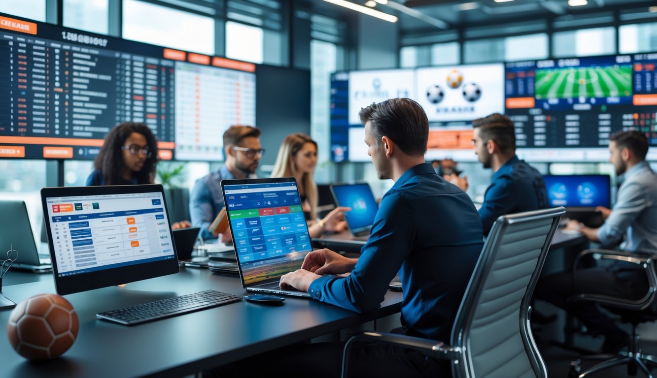 Orang-orang di kantor modern sedang menganalisis pertandingan sepak bola dan data taruhan dengan layar digital besar.