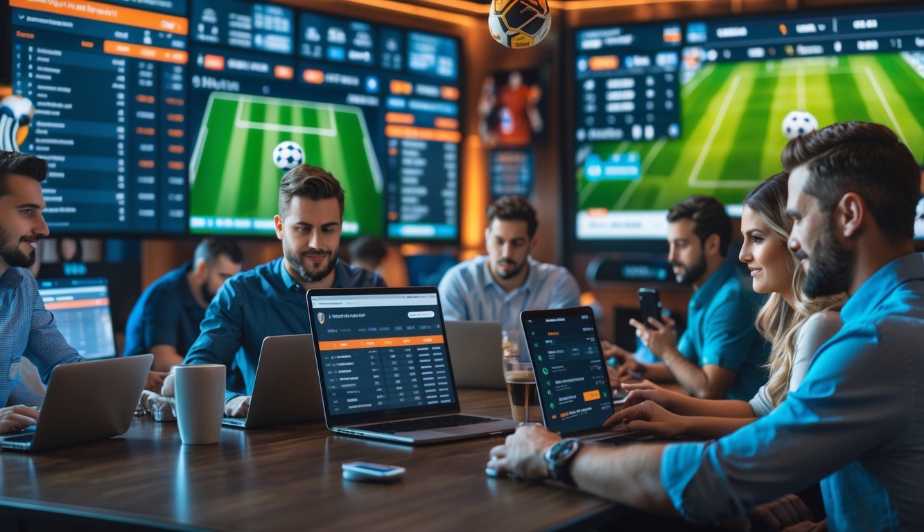 Orang-orang sedang menggunakan perangkat elektronik untuk memasang taruhan pada pertandingan sepak bola dengan tampilan layar yang menampilkan statistik dan peluang taruhan.