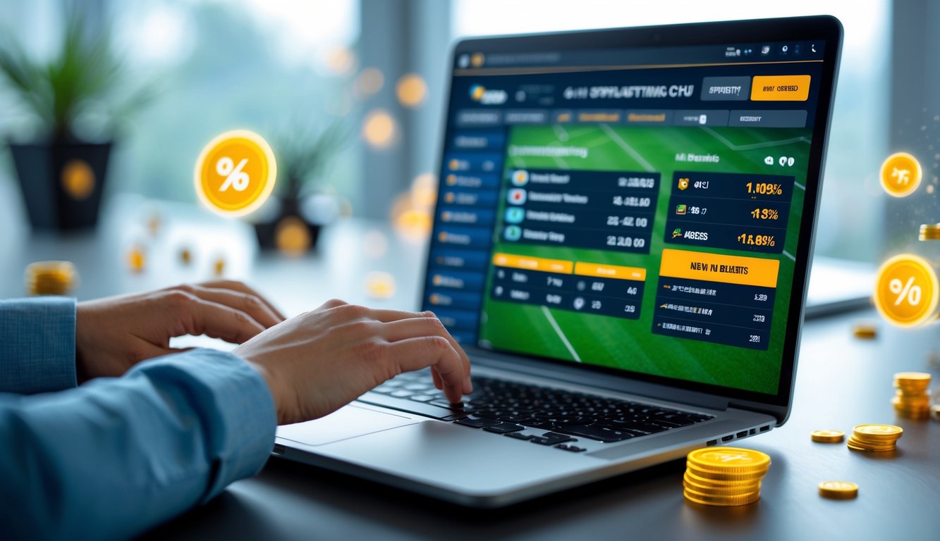 Seseorang menggunakan laptop di meja kerja dengan tampilan situs taruhan bola online yang menampilkan skor pertandingan dan peluang taruhan.