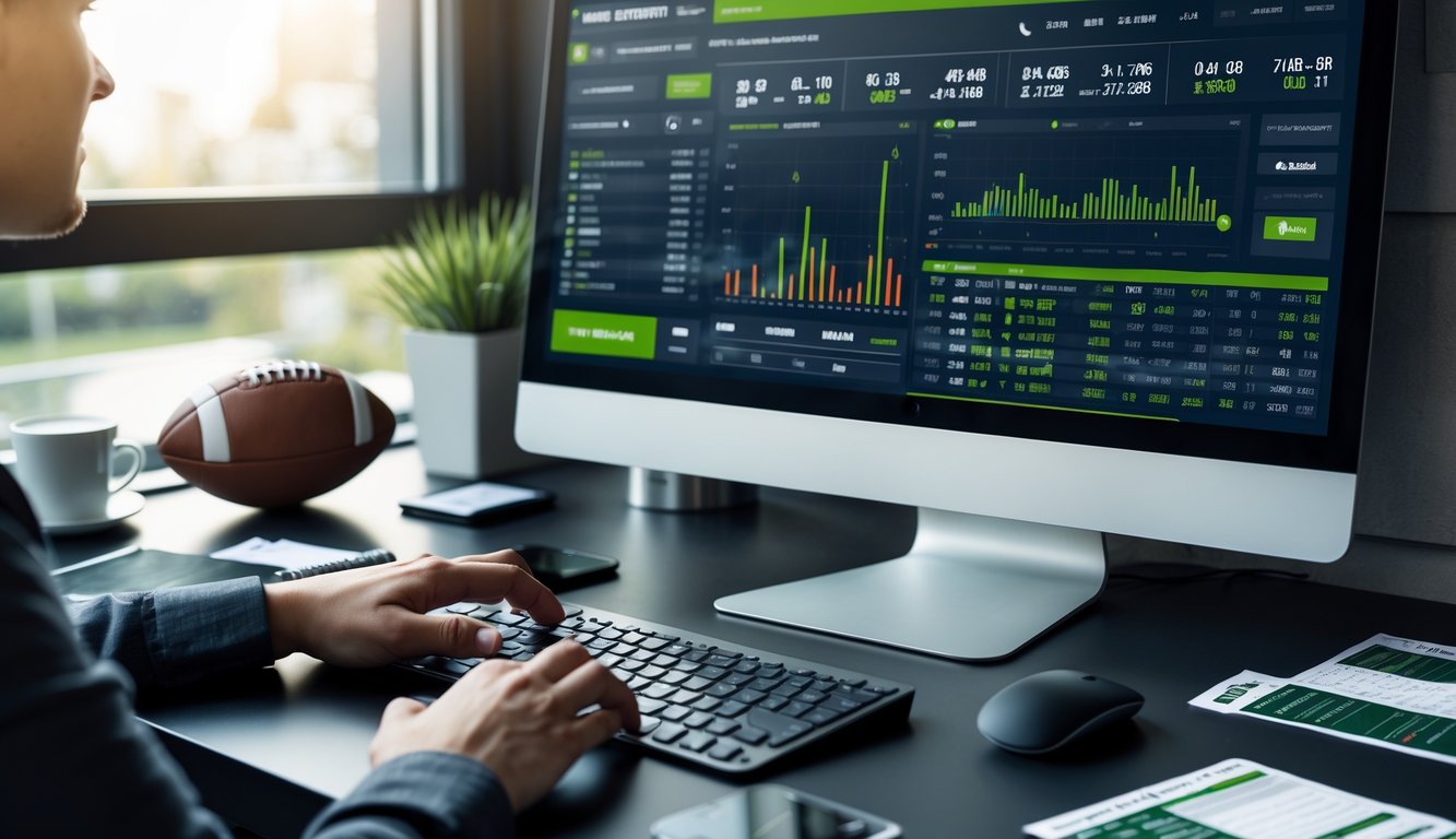 Seseorang menggunakan komputer dengan layar menampilkan data dan statistik sepak bola, dikelilingi bola sepak, smartphone, dan alat tulis di meja kerja.