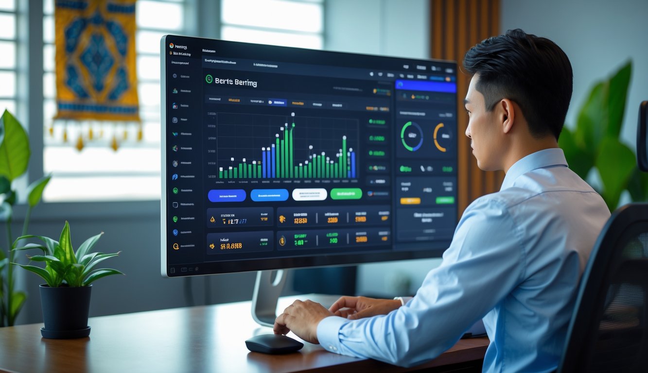 Seorang pria muda sedang menggunakan komputer dengan tampilan platform taruhan bola yang modern di kantor yang terang dan rapi.
