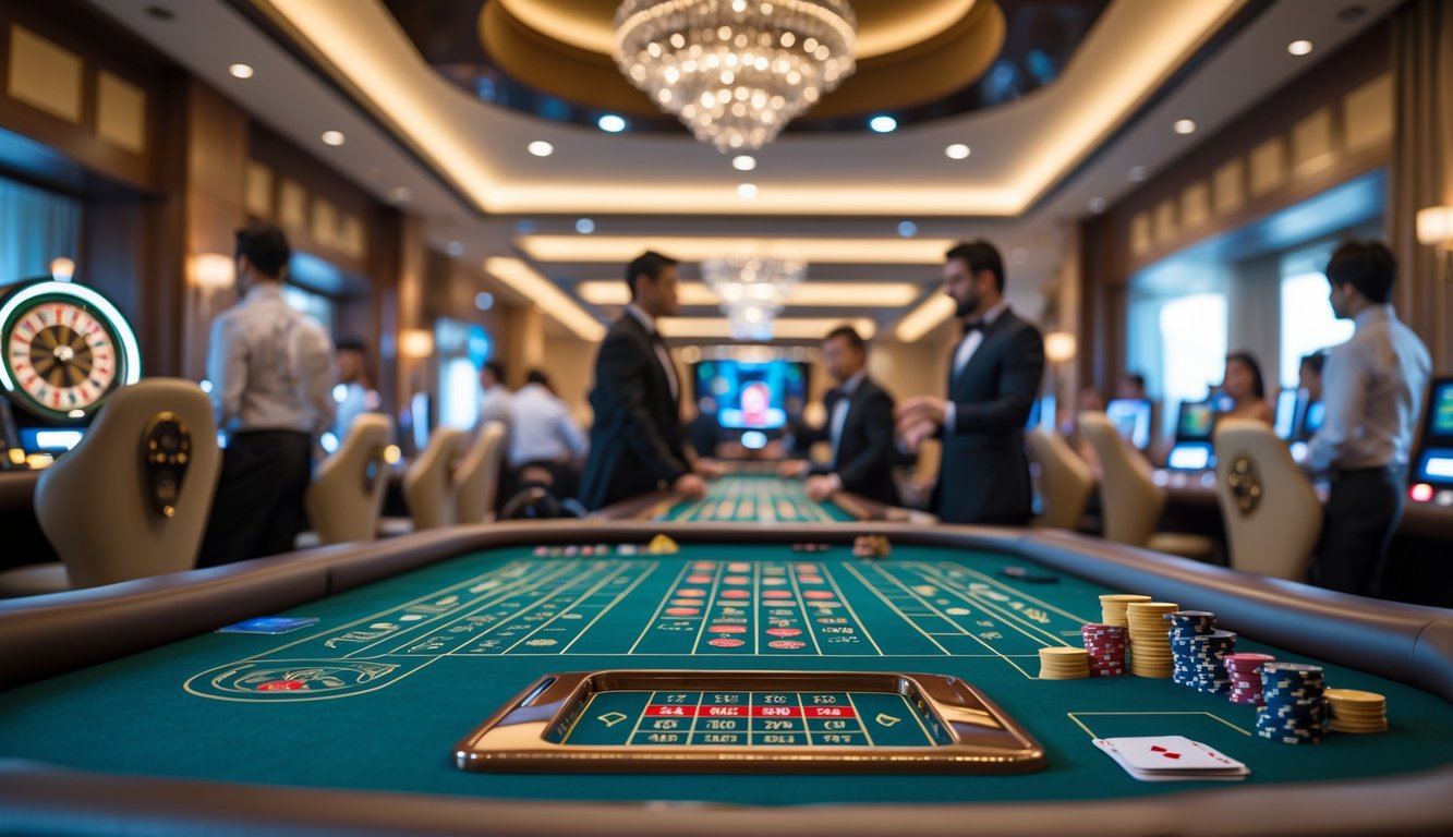 Suasana kasino langsung dengan meja permainan, chip poker, kartu, dan roda roulette, pemain dan dealer sedang bermain di lingkungan yang mewah dan profesional.