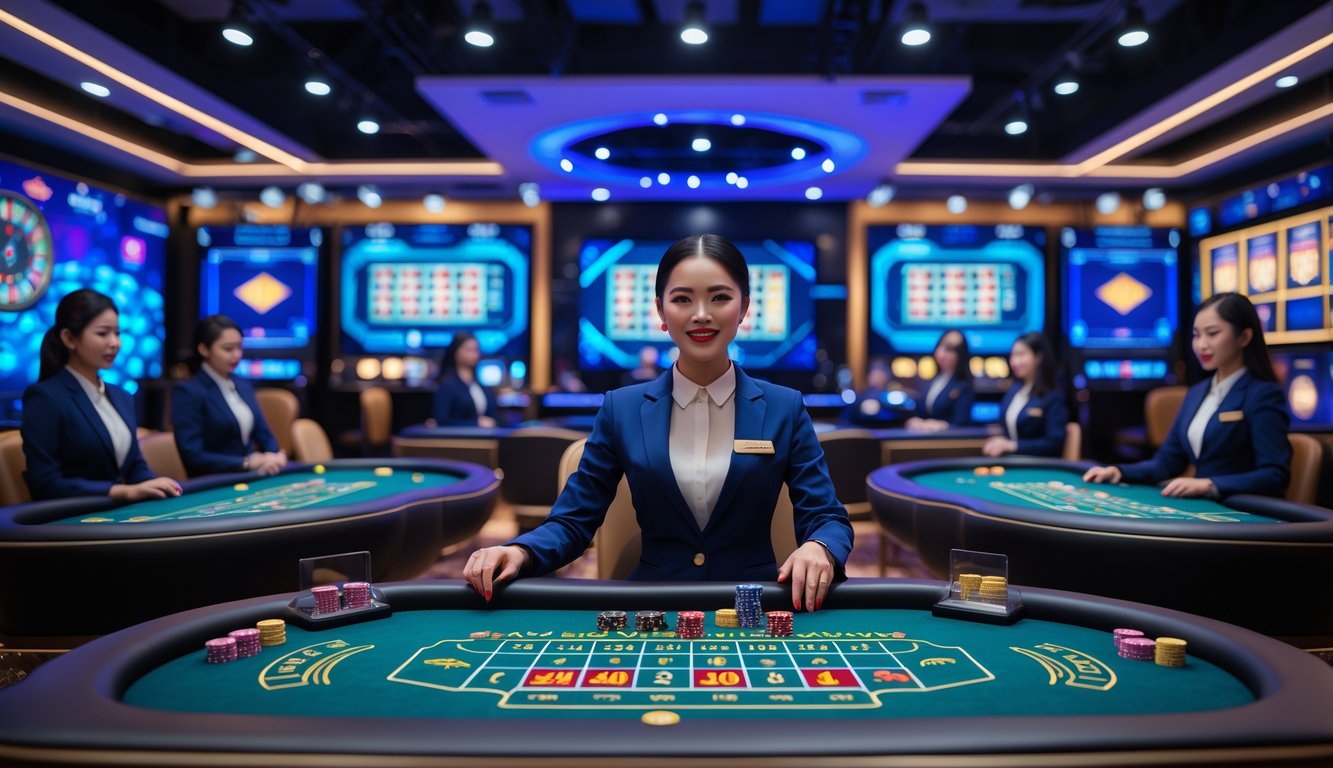 Studio kasino langsung modern dengan dealer yang sedang bermain permainan kasino seperti blackjack dan roulette, menampilkan suasana perjudian online yang profesional dan menarik.