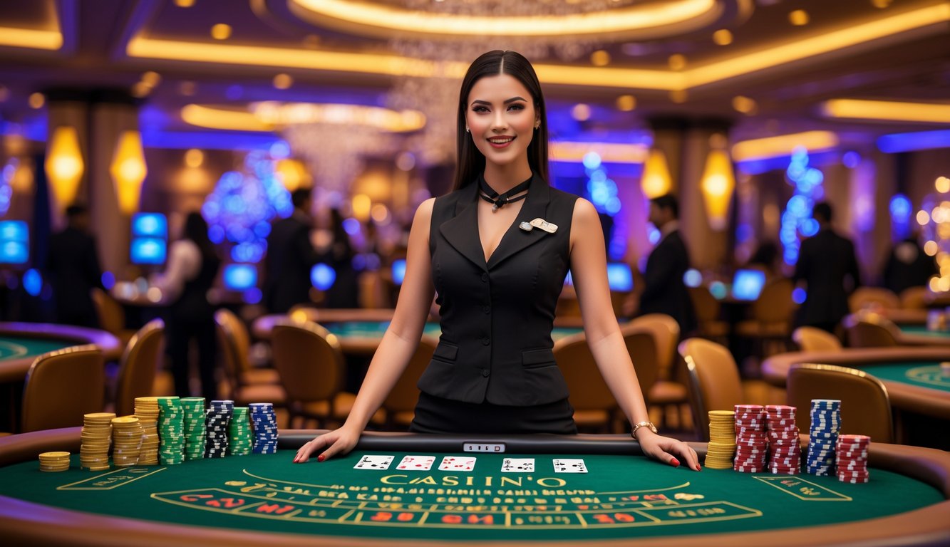 Seorang dealer wanita berdiri di belakang meja kasino dengan kartu dan chip, dikelilingi suasana kasino mewah dan pemain yang sedang bermain.