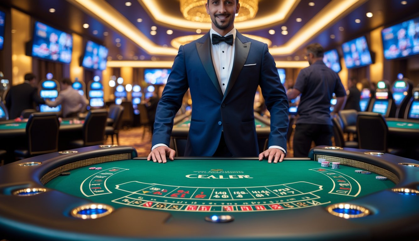 Seorang dealer berdiri di belakang meja kasino dengan pemain yang sedang bermain di lingkungan kasino mewah.