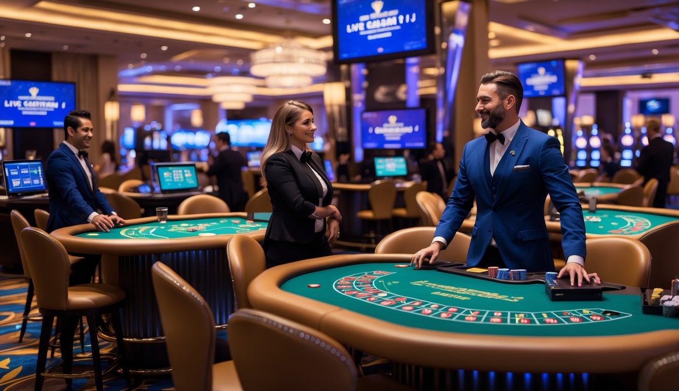 Suasana kasino langsung dengan meja dealer dan pemain yang berinteraksi melalui perangkat digital.