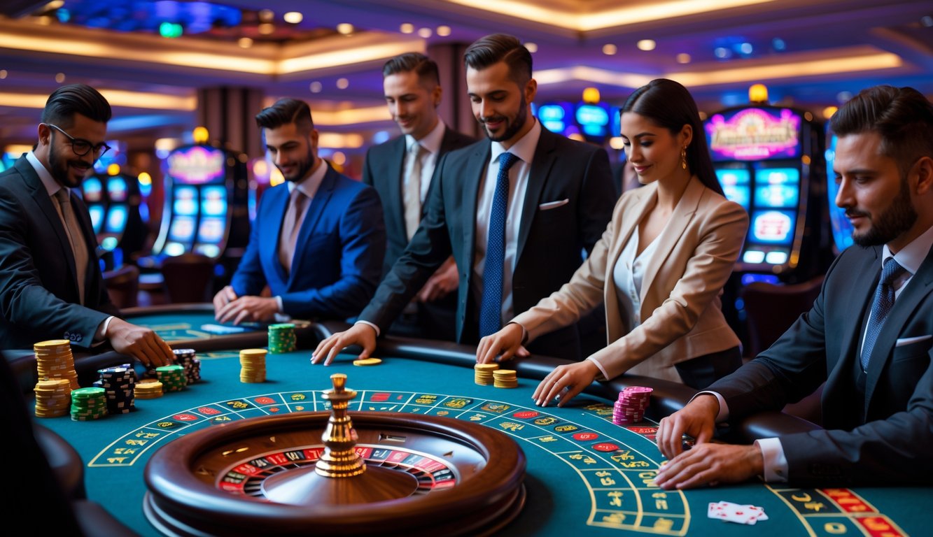 Orang-orang bermain berbagai permainan kasino langsung di sebuah kasino yang ramai dan elegan.