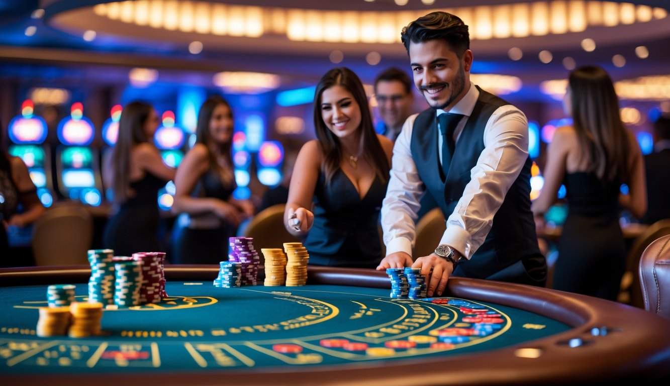Seorang dealer kasino yang rapi melayani pemain di meja permainan dengan chip dan kartu, suasana ramai dan menyenangkan di kasino langsung.