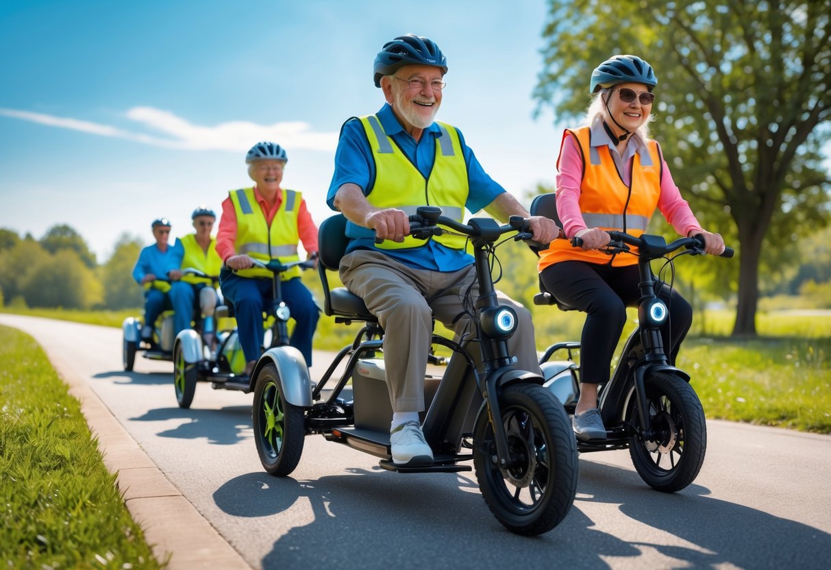 A group of senior electric trike riders wearing helmets and safety gear outdoors on a sunny day, preparing to ride on a paved path surrounded by trees.