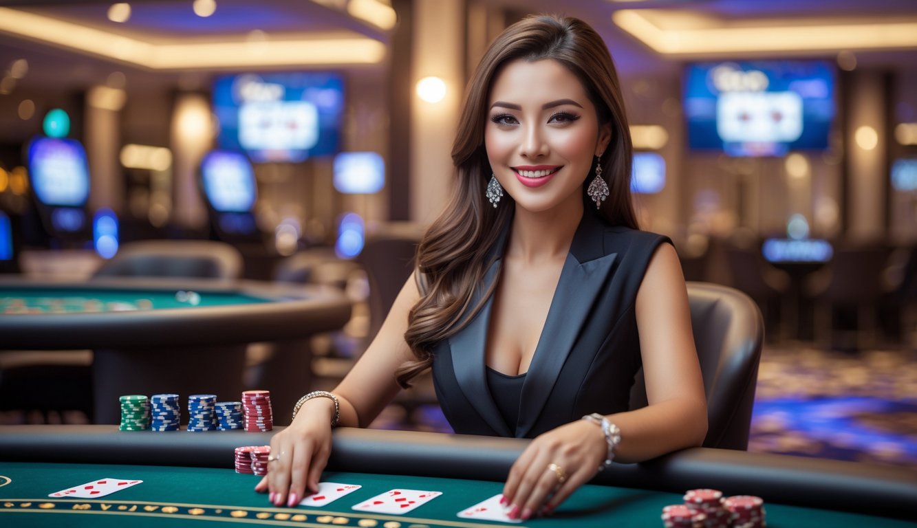 Seorang dealer wanita cantik sedang duduk di meja kasino dengan senyum ramah, memegang kartu bermain di kasino yang mewah.