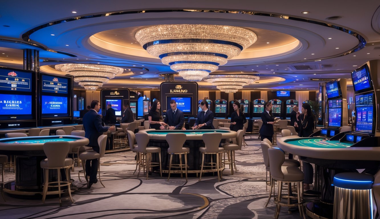 Suasana lantai kasino langsung yang mewah dengan meja permainan dan pemain yang sedang bermain.