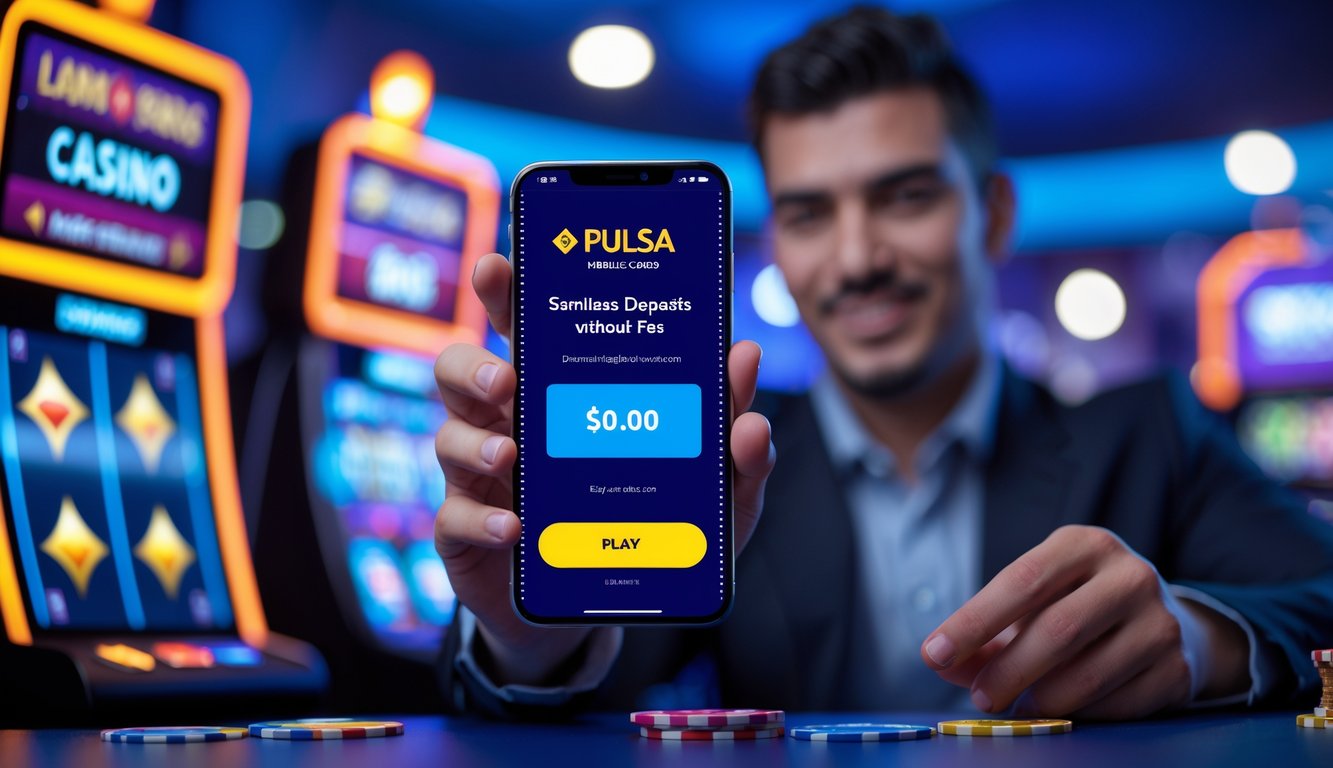 Seseorang sedang menggunakan ponsel untuk melakukan deposit pulsa di aplikasi kasino online dengan latar belakang mesin slot dan kartu remi.