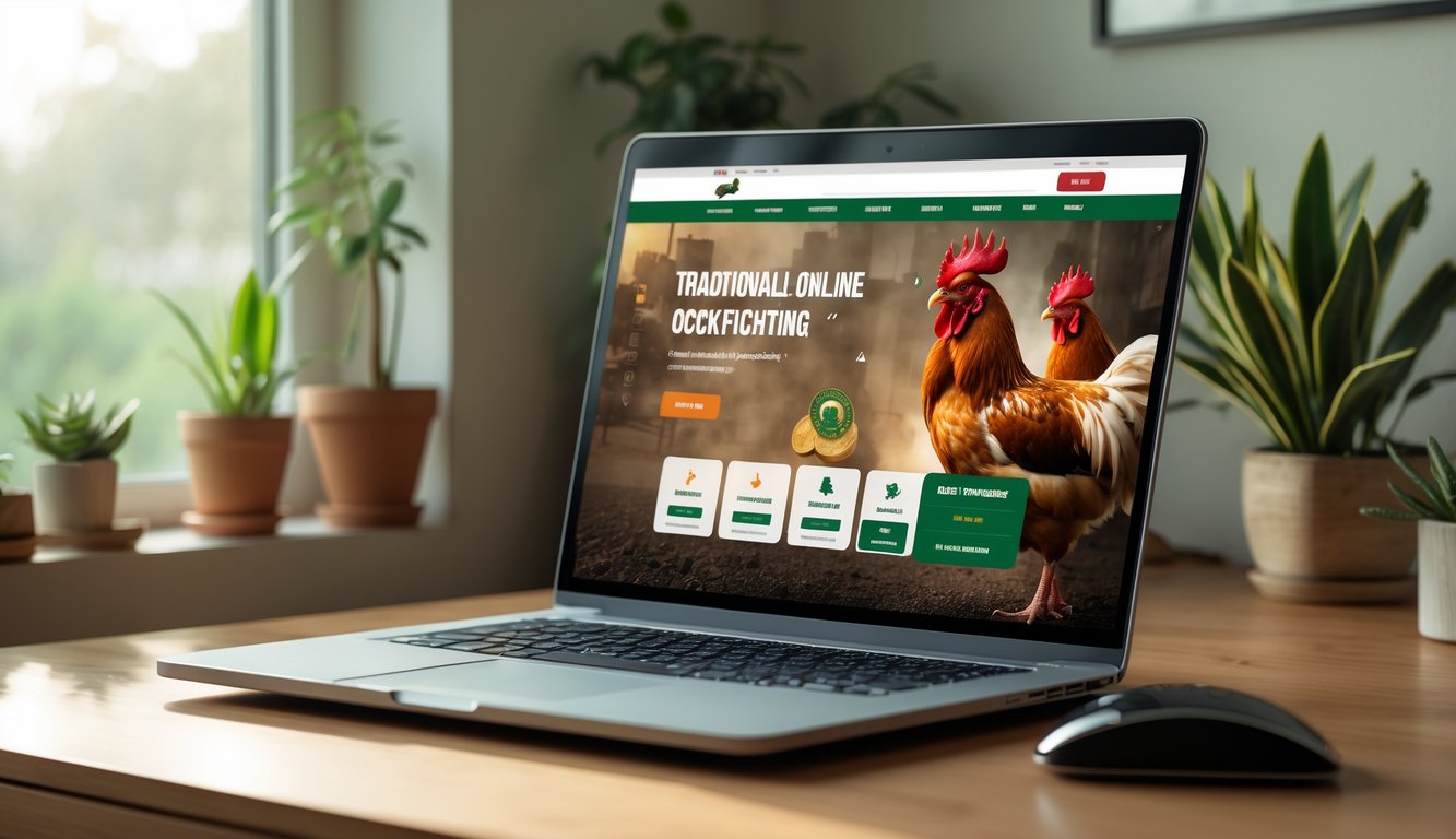 Sebuah laptop di atas meja kayu dengan tampilan situs web bertema sabung ayam, dikelilingi tanaman hias dan pencahayaan alami.