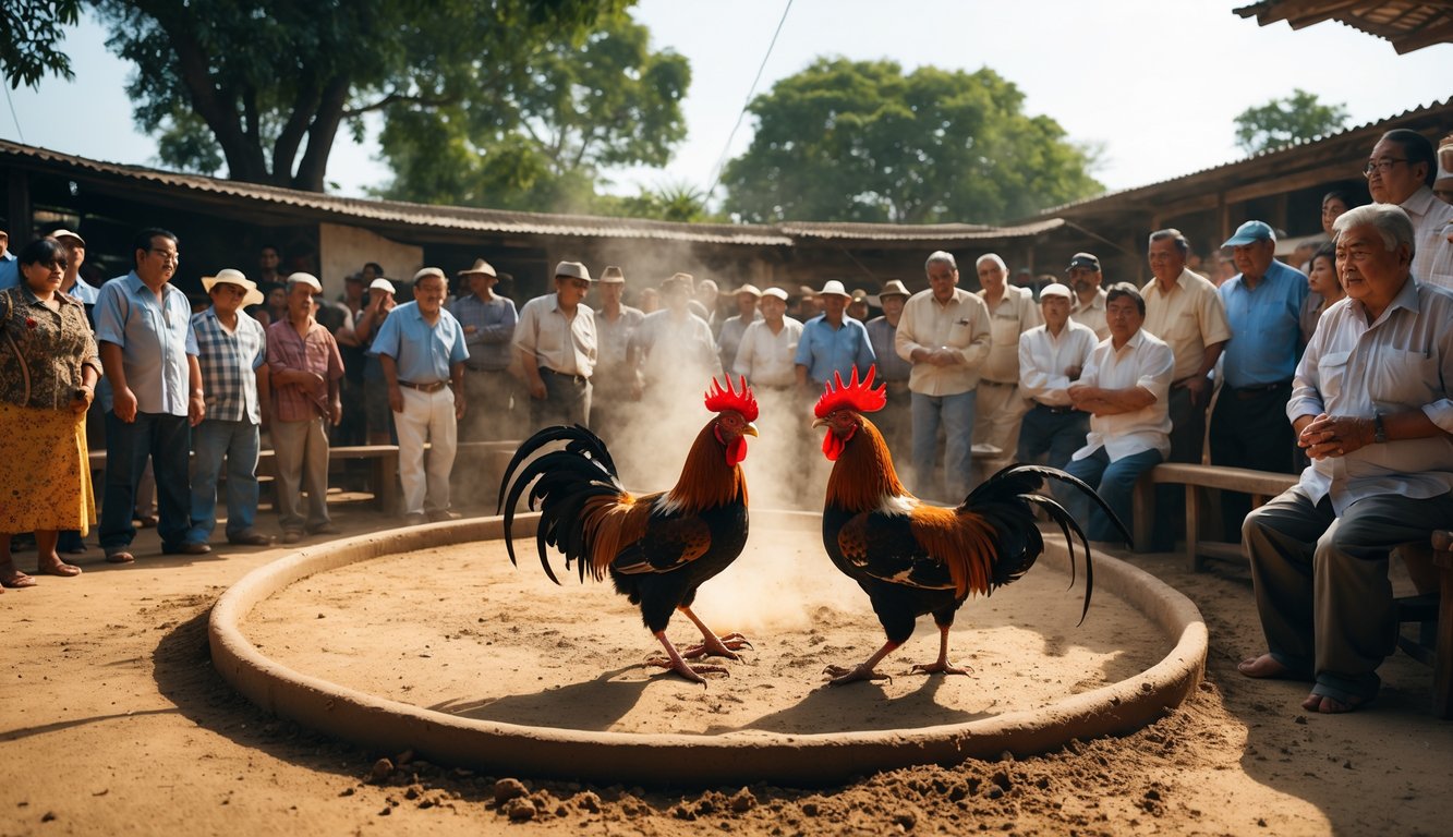 Kerumunan orang menonton pertandingan sabung ayam resmi di arena luar ruangan dengan latar belakang pohon dan bangunan tradisional.