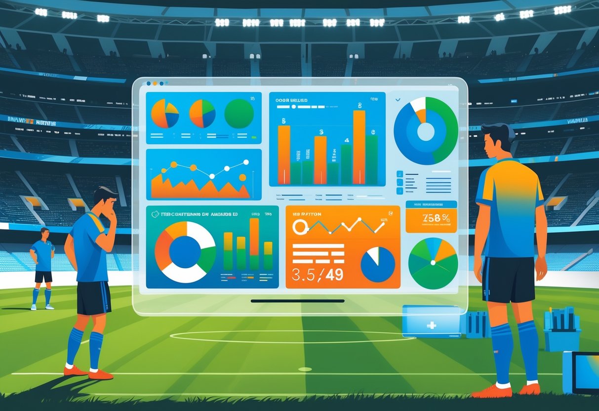 Seorang pemain sepak bola tampak curiga saat pertandingan berlangsung, dengan grafik data dan analis yang mengamati pertandingan di latar belakang.