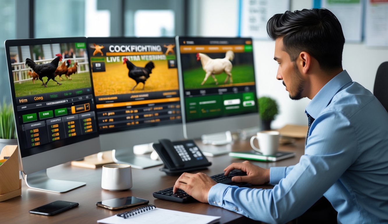 Seorang pria duduk di meja kerja dengan beberapa layar komputer yang menampilkan pertandingan sabung ayam online.