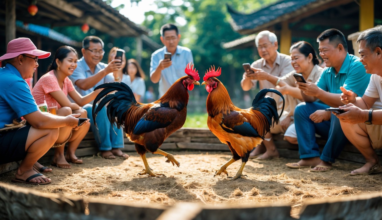 Dua ayam jago sedang bertarung di arena kayu dengan penonton yang antusias mengamati dan memasang taruhan di sekitar mereka.