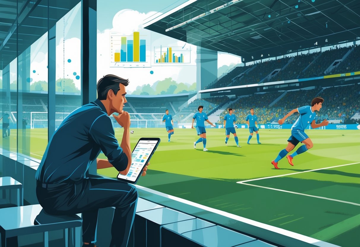 Suasana pertandingan sepak bola dengan pemain di lapangan dan pelatih yang memperhatikan sambil memegang tablet, dikelilingi oleh grafik dan data yang melayang.