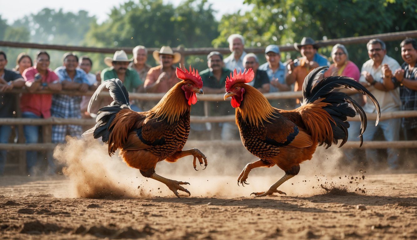 Dua ayam jago sedang bertarung di arena terbuka dengan penonton yang antusias mengamati.