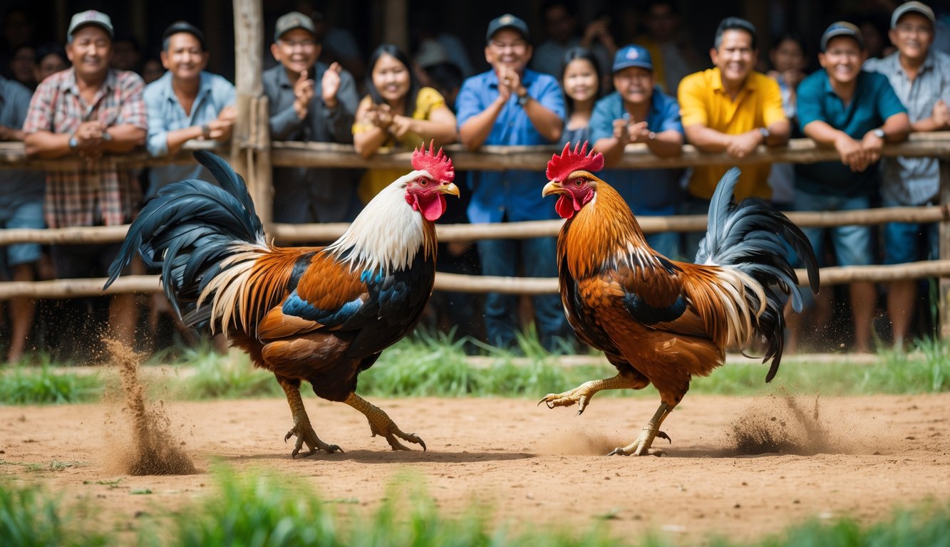 Arena sabung ayam tradisional dengan dua ayam jago sedang bertarung dan penonton yang antusias mengamati pertandingan.