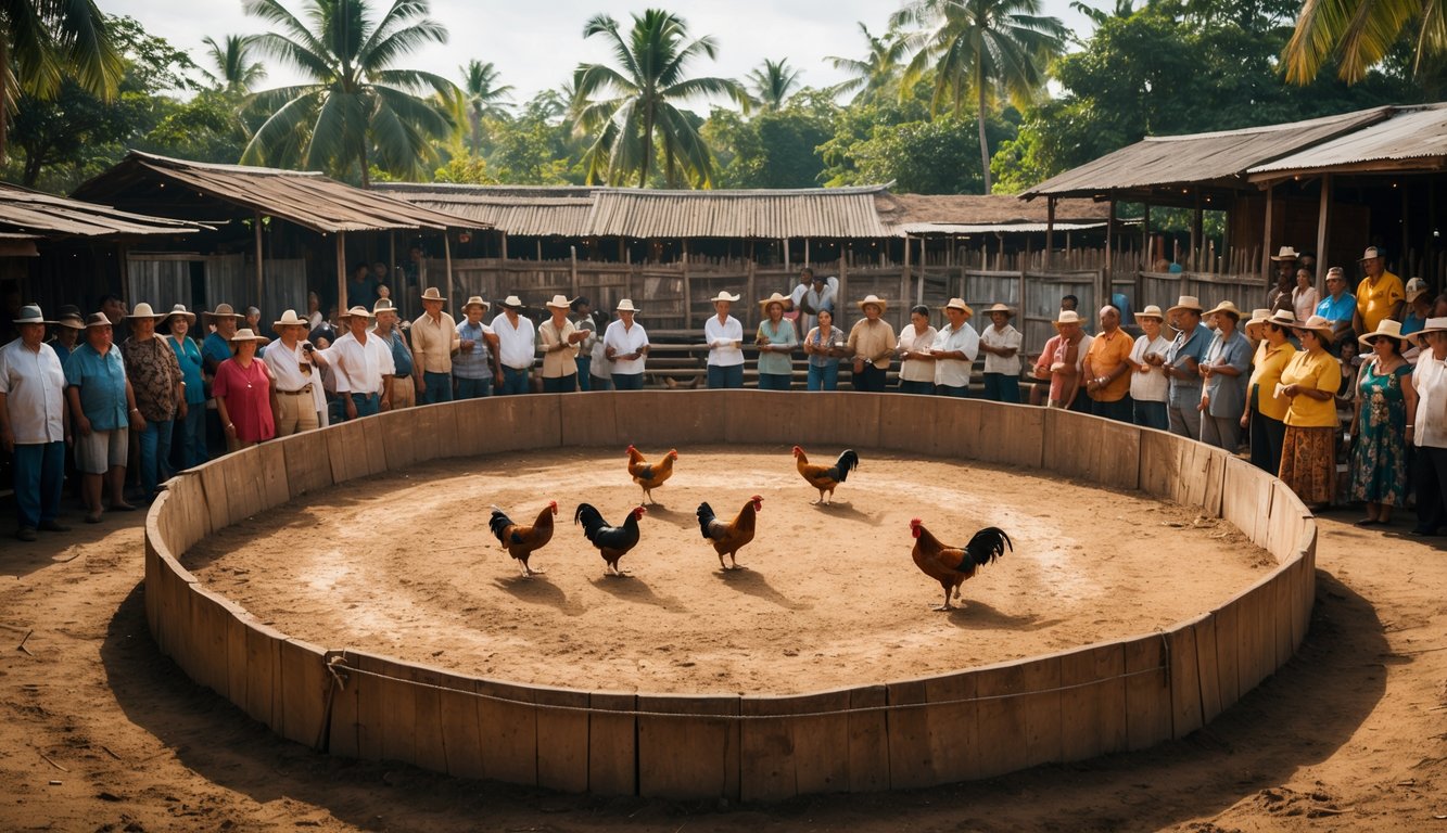 Arena sabung ayam tradisional di luar ruangan dengan penonton yang memperhatikan pertandingan.