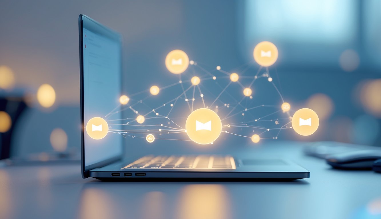 Sebuah laptop modern di atas meja dengan latar belakang minimalis dan garis jaringan yang bersinar, menggambarkan koneksi online.