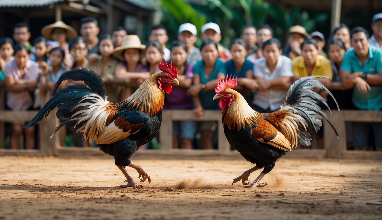 Dua ayam Bangkok sedang bertarung di arena dengan penonton yang memperhatikan dengan serius di latar belakang.
