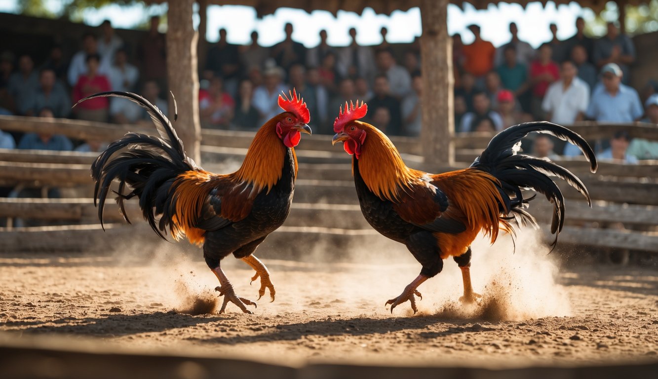 Dua ayam jago sedang bertarung di arena kayu dengan penonton di latar belakang.