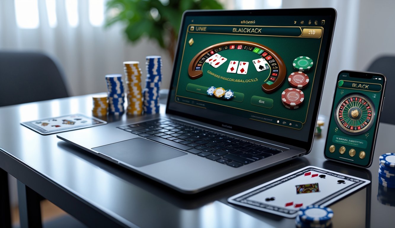 Sebuah laptop dan smartphone menampilkan permainan blackjack online dengan chip dan kartu di atas meja.