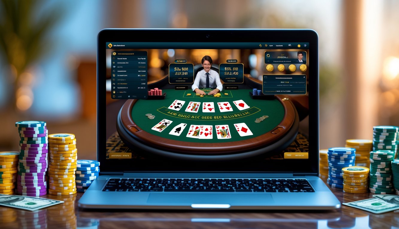 Sebuah laptop menampilkan permainan blackjack online dengan kartu dan tumpukan chip serta uang di meja yang rapi.