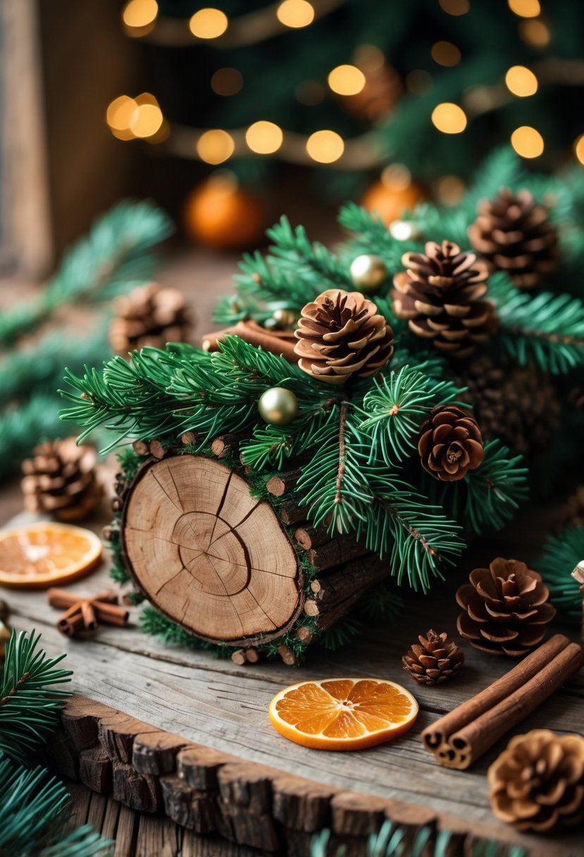 A Yule log made from evergreen branches and pine cones arranged on a wooden surface with winter decorations around it.