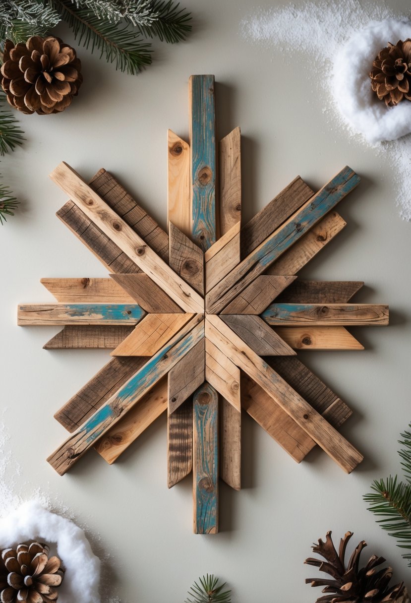 A snowflake-shaped wall art made from pieces of reclaimed wood displayed with pinecones and evergreen sprigs.